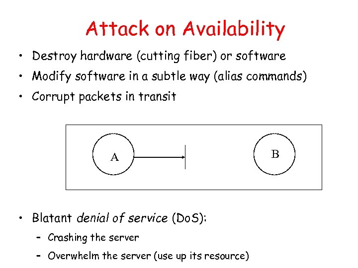 Attack on Availability • Destroy hardware (cutting fiber) or software • Modify software in