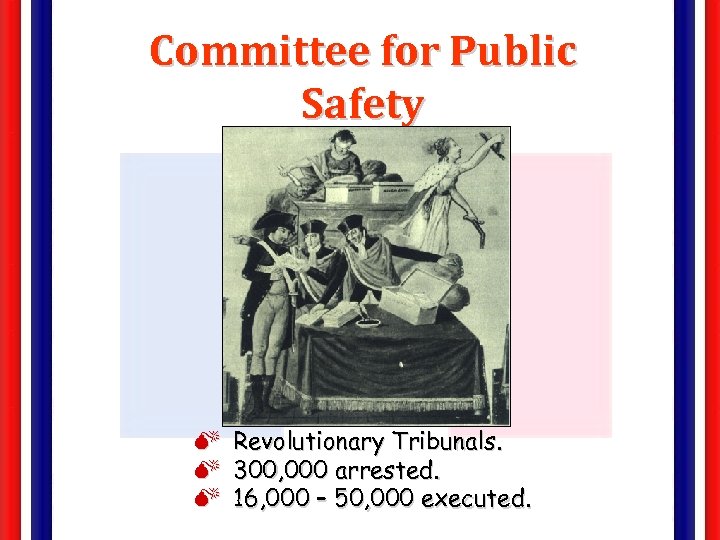 Committee for Public Safety M Revolutionary Tribunals. M 300, 000 arrested. M 16, 000