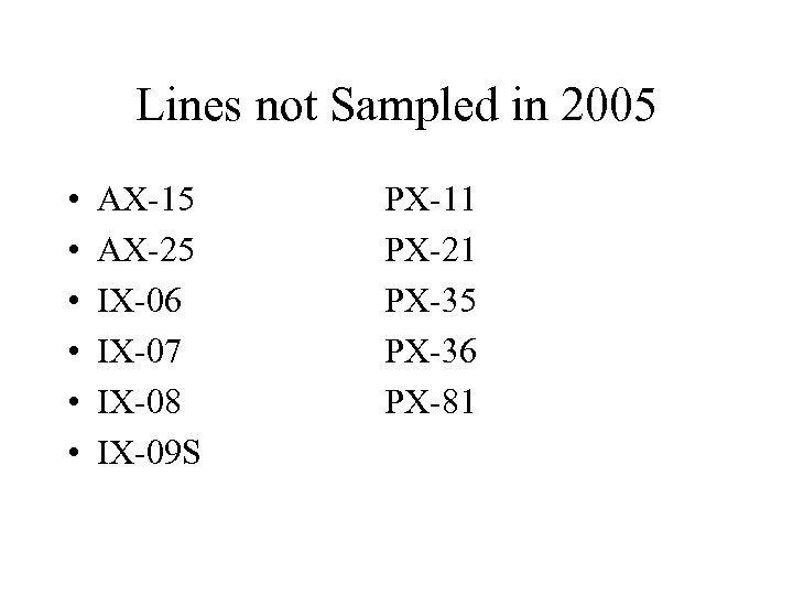 Lines not Sampled in 2005 • • • AX-15 AX-25 IX-06 IX-07 IX-08 IX-09