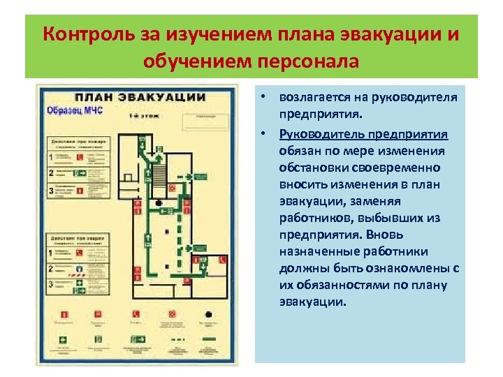Контроль за изучением плана эвакуации и обучением персонала • возлагается на руководителя предприятия. •