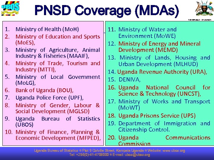 PNSD Coverage (MDAs) THE REPUBLIC OF UGANDA 1. Ministry of Health (Mo. H) 2.