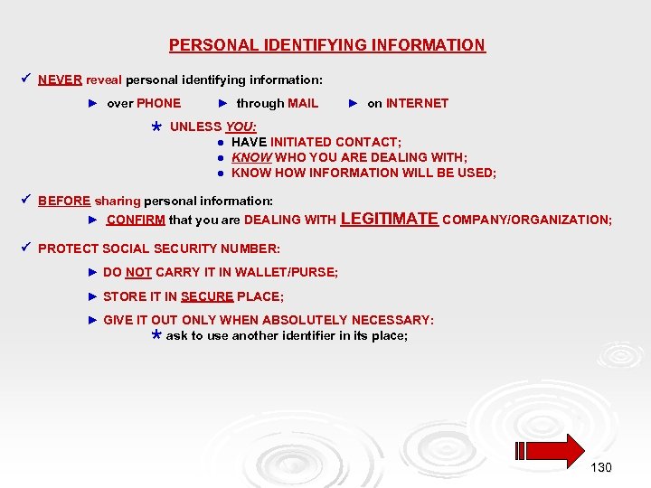 PERSONAL IDENTIFYING INFORMATION NEVER reveal personal identifying information: ► over PHONE ► through MAIL