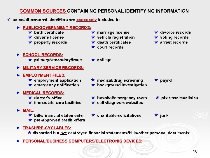 COMMON SOURCES CONTAINING PERSONAL IDENTIFYING INFORMATION some/all personal identifiers are commonly included in: ►