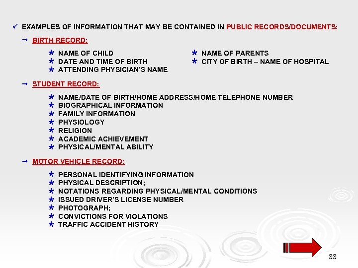  EXAMPLES OF INFORMATION THAT MAY BE CONTAINED IN PUBLIC RECORDS/DOCUMENTS: BIRTH RECORD: NAME