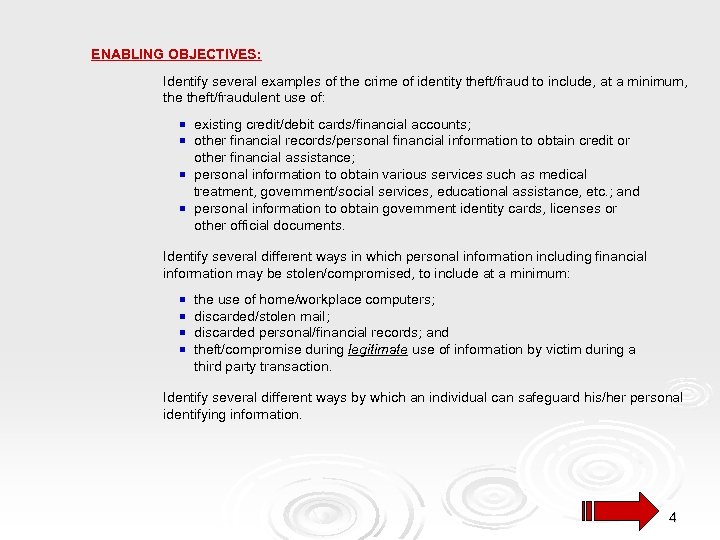 ENABLING OBJECTIVES: Identify several examples of the crime of identity theft/fraud to include, at