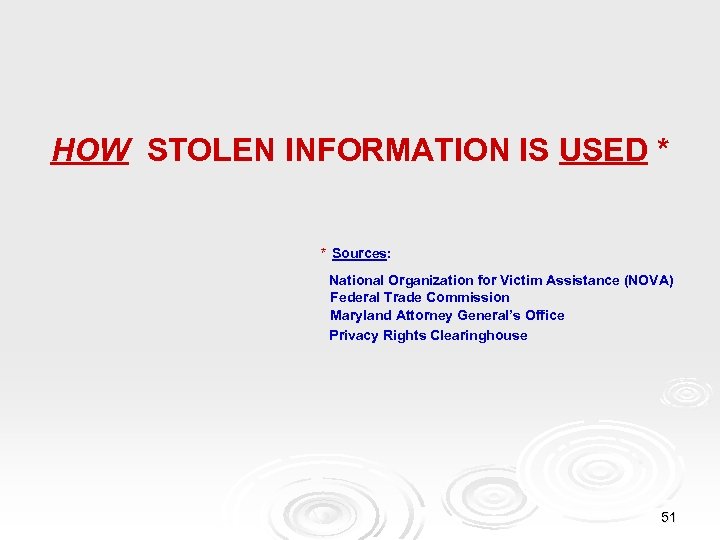 HOW STOLEN INFORMATION IS USED * * Sources: National Organization for Victim Assistance (NOVA)