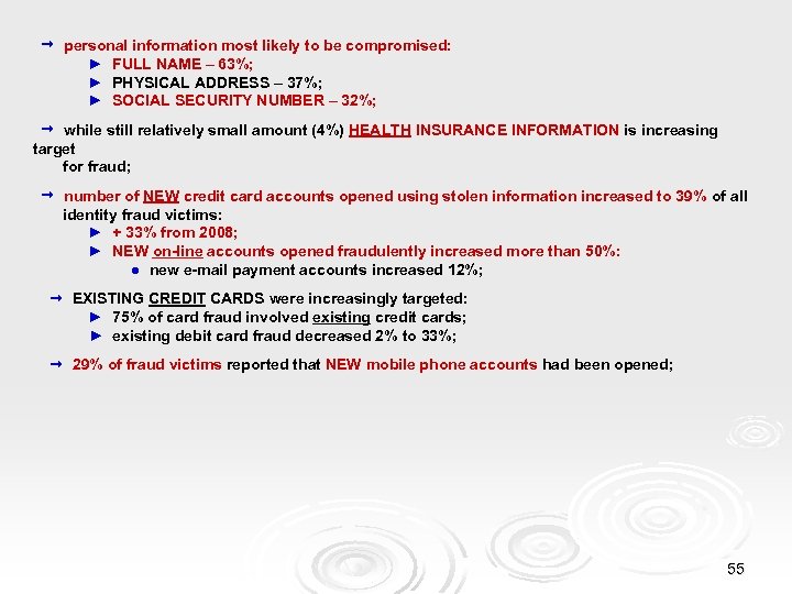  personal information most likely to be compromised: ► FULL NAME – 63%; ►