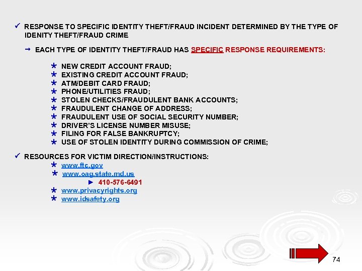  RESPONSE TO SPECIFIC IDENTITY THEFT/FRAUD INCIDENT DETERMINED BY THE TYPE OF IDENITY THEFT/FRAUD