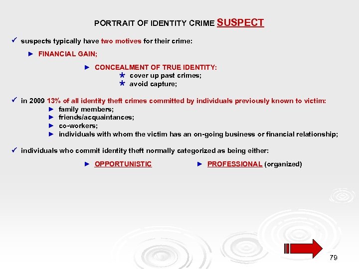 PORTRAIT OF IDENTITY CRIME SUSPECT suspects typically have two motives for their crime: ►