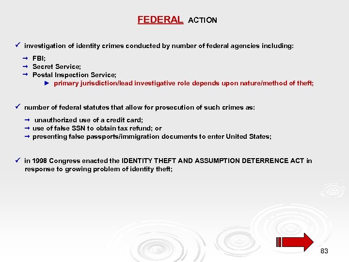 FEDERAL ACTION investigation of identity crimes conducted by number of federal agencies including: FBI;