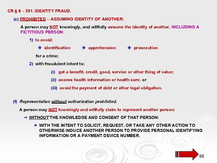 CR § 8 – 301. IDENTITY FRAUD. (c) PROHIBITED – ASSUMING IDENTITY OF ANOTHER: