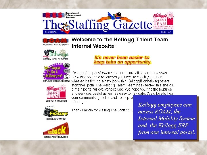 Kellogg employees can access ROAM, the Internal Mobility System and the Kellogg ERP from