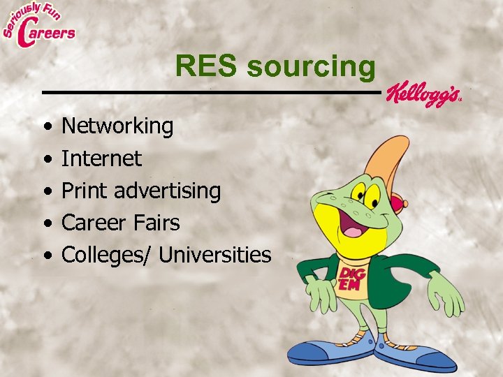 RES sourcing • • • Networking Internet Print advertising Career Fairs Colleges/ Universities 