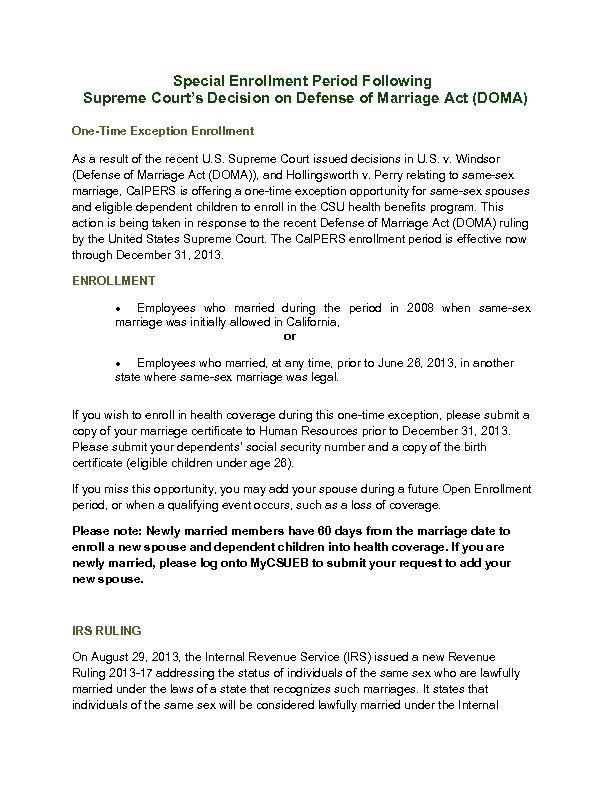 Special Enrollment Period Following Supreme Court’s Decision on Defense of Marriage Act (DOMA) One-Time