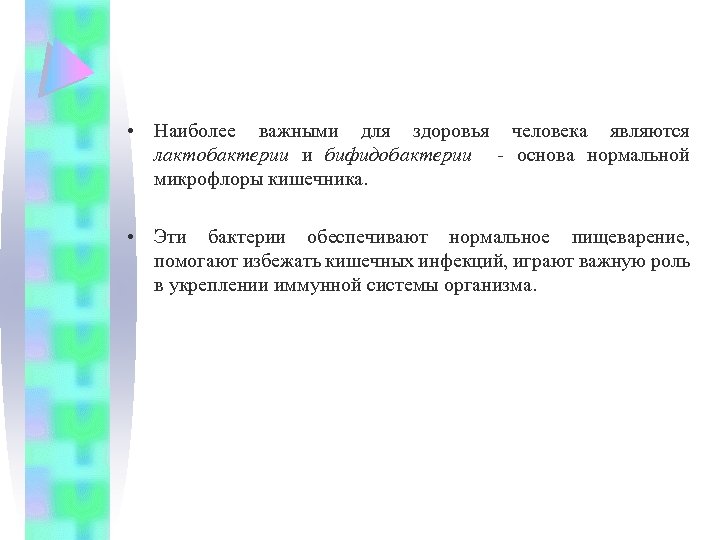  • Наиболее важными для здоровья человека являются лактобактерии и бифидобактерии - основа нормальной