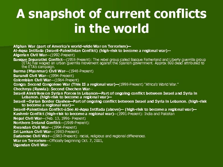 A snapshot of current conflicts in the world Afghan War (part of America’s world-wide