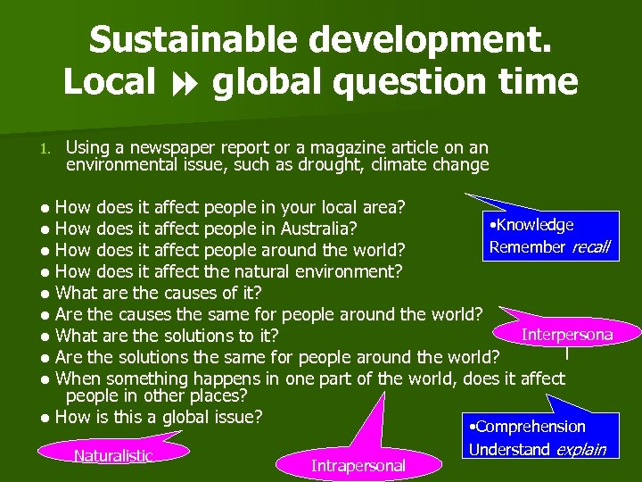 Sustainable development. Local global question time 1. Using a newspaper report or a magazine