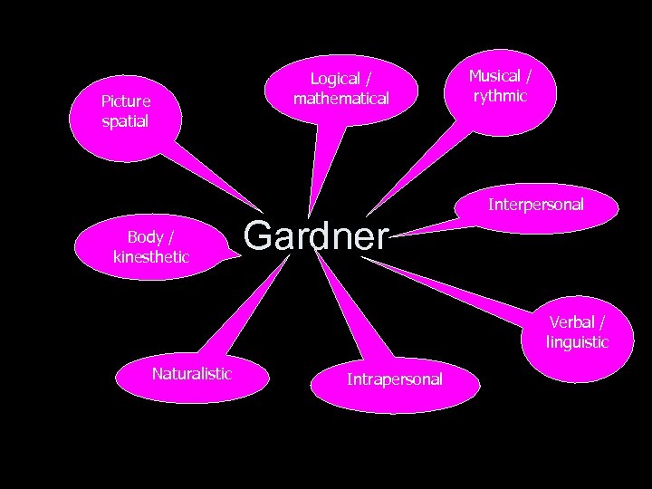 Picture spatial Body / kinesthetic Logical / mathematical Gardner Musical / rythmic Interpersonal Verbal