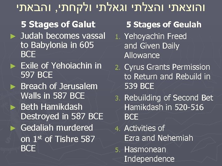  והוצאתי והצלתי וגאלתי ולקחתי, והבאתי ► ► ► 5 Stages of Galut Judah