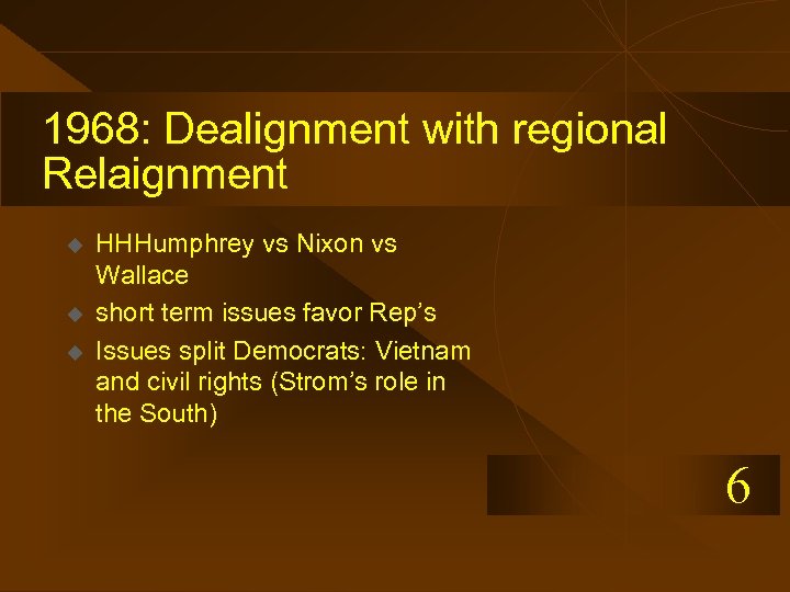1968: Dealignment with regional Relaignment u u u HHHumphrey vs Nixon vs Wallace short
