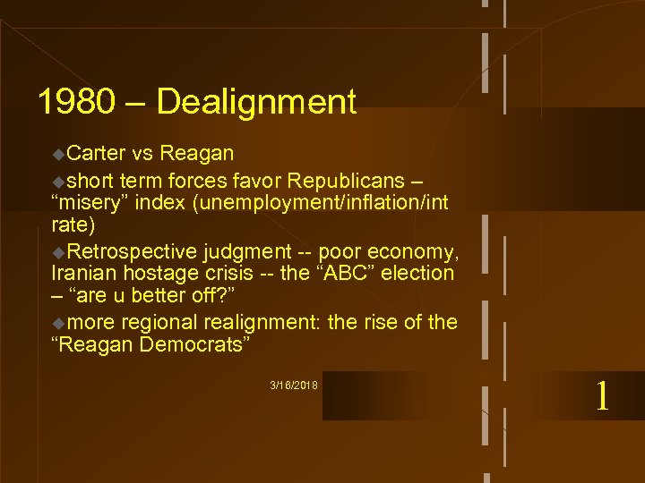 1980 – Dealignment u. Carter vs Reagan ushort term forces favor Republicans – “misery”