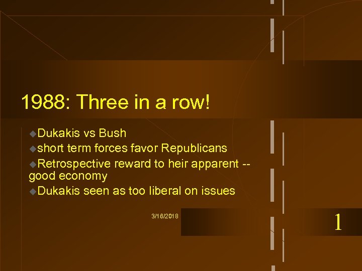1988: Three in a row! u. Dukakis vs Bush ushort term forces favor Republicans