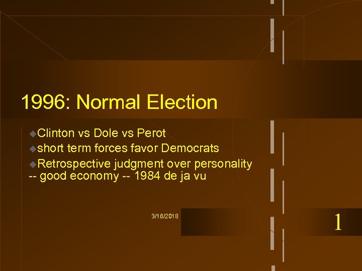 1996: Normal Election u. Clinton vs Dole vs Perot ushort term forces favor Democrats