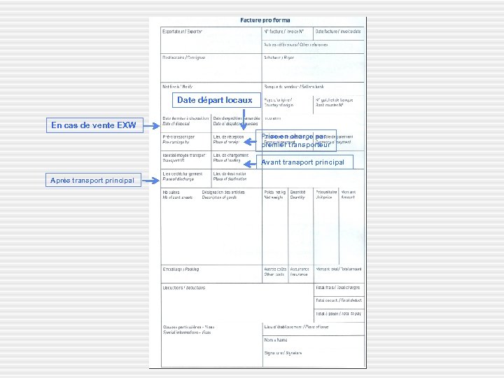 Date départ locaux En cas de vente EXW Prise en charge par premier transporteur
