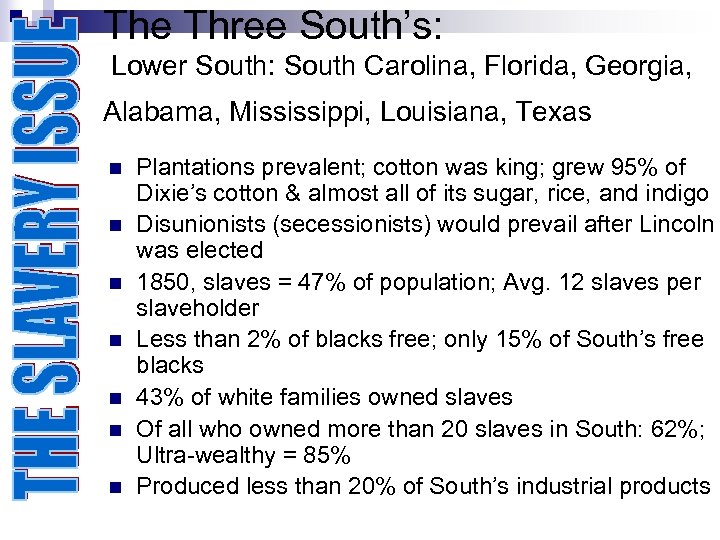 The Three South’s: Lower South: South Carolina, Florida, Georgia, Alabama, Mississippi, Louisiana, Texas n