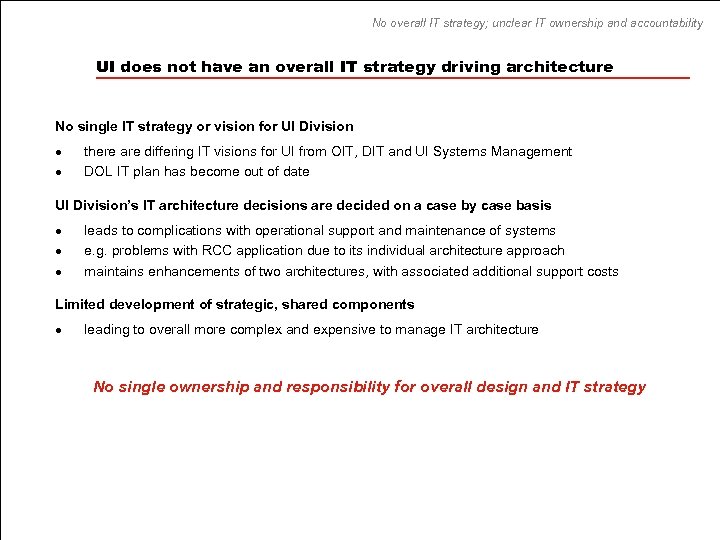 No overall IT strategy; unclear IT ownership and accountability UI does not have an