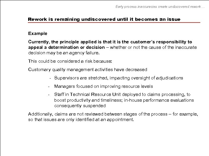 Early process inaccuracies create undiscovered rework … Rework is remaining undiscovered until it becomes