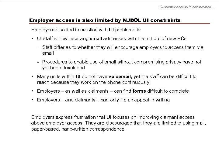 Customer access is constrained… Employer access is also limited by NJDOL UI constraints Employers