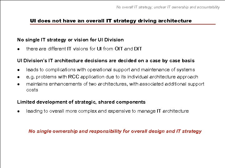 No overall IT strategy; unclear IT ownership and accountability UI does not have an