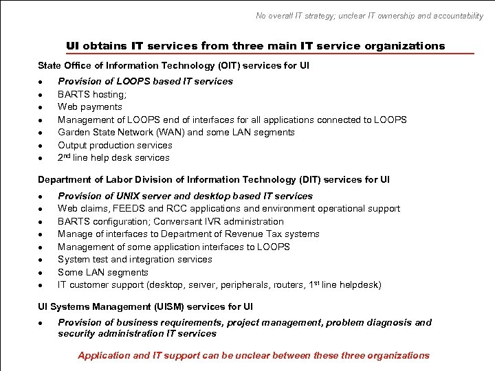 No overall IT strategy; unclear IT ownership and accountability UI obtains IT services from