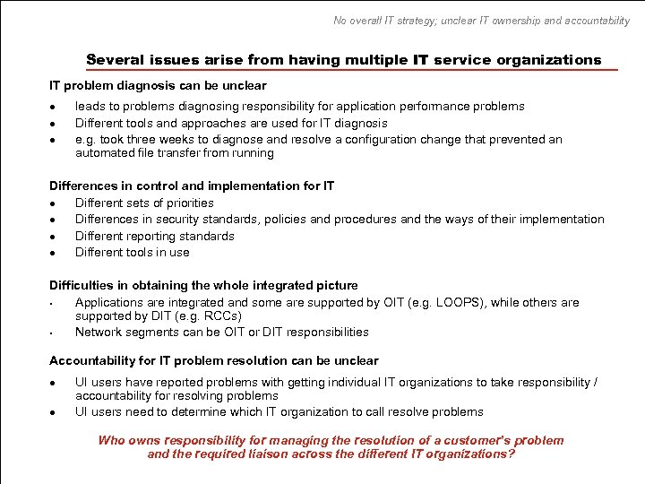 No overall IT strategy; unclear IT ownership and accountability Several issues arise from having