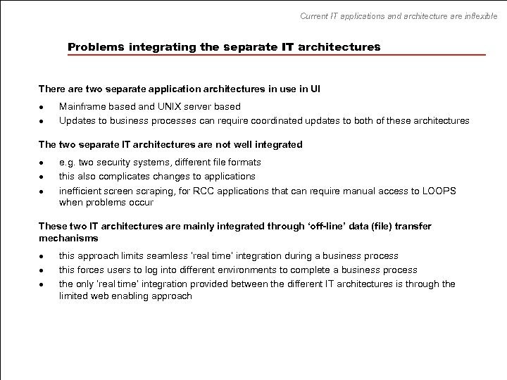 Current IT applications and architecture are inflexible Problems integrating the separate IT architectures There