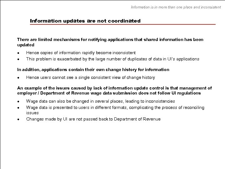 Information is in more than one place and inconsistent Information updates are not coordinated