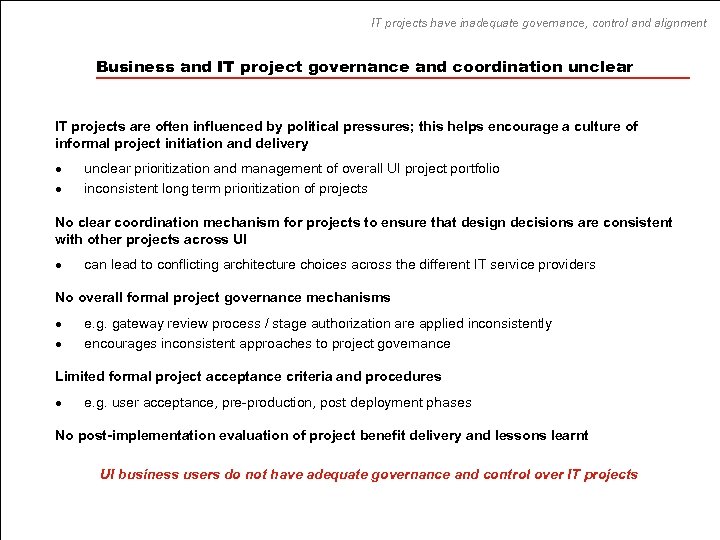 IT projects have inadequate governance, control and alignment Business and IT project governance and