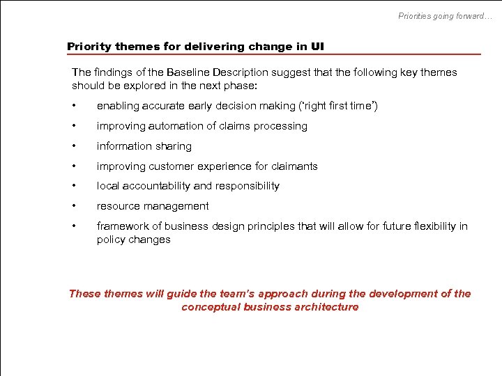Priorities going forward… Priority themes for delivering change in UI The findings of the