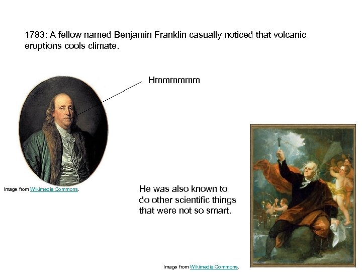 1783: A fellow named Benjamin Franklin casually noticed that volcanic eruptions cools climate. Hmmmmmm