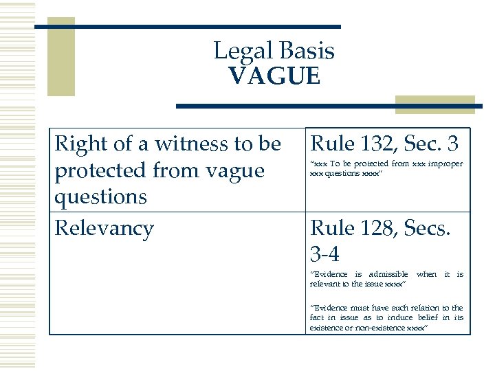 Legal Basis VAGUE Right of a witness to be protected from vague questions Relevancy