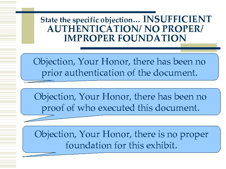 INSUFFICIENT AUTHENTICATION/ NO PROPER/ IMPROPER FOUNDATION State the specific objection… Objection, Your Honor, there