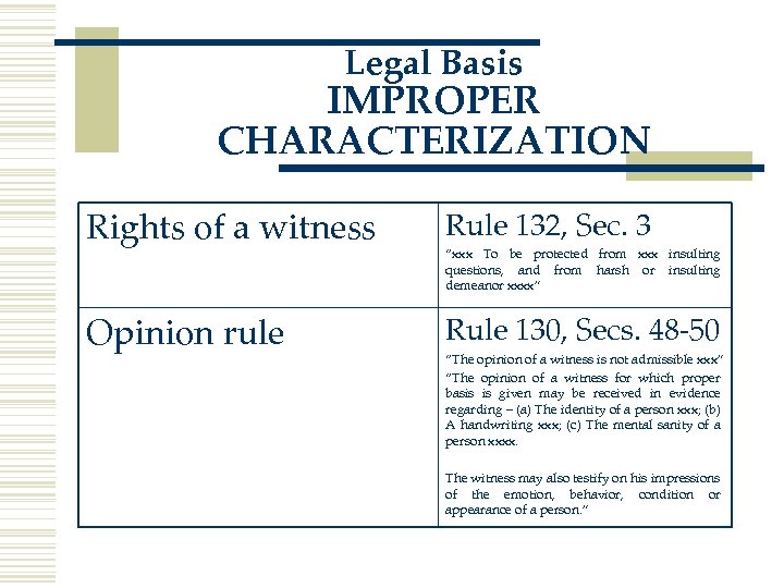 Legal Basis IMPROPER CHARACTERIZATION Rights of a witness Rule 132, Sec. 3 Opinion rule