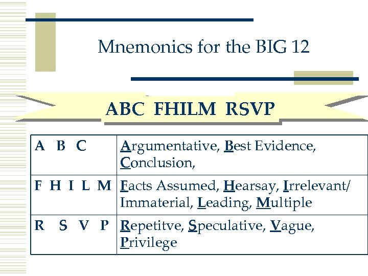 Mnemonics for the BIG 12 ABC FHILM RSVP A B C Argumentative, Best Evidence,