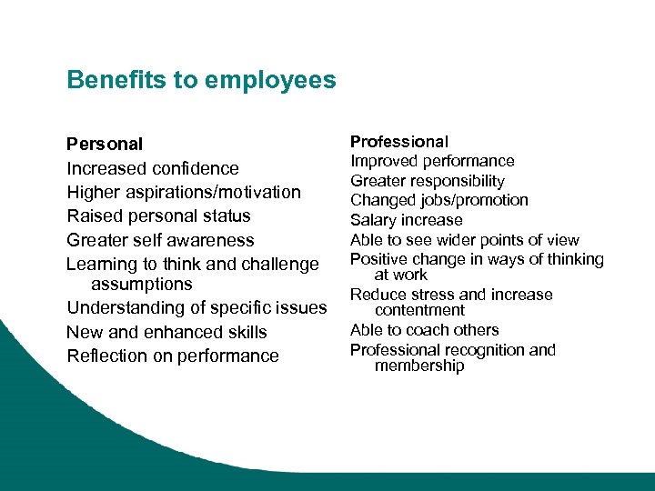 Benefits to employees Personal Increased confidence Higher aspirations/motivation Raised personal status Greater self awareness