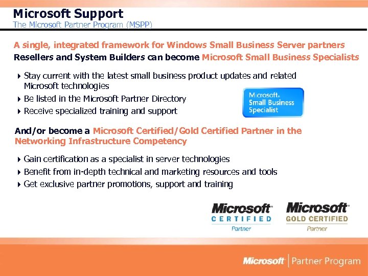 Microsoft Support The Microsoft Partner Program (MSPP) A single, integrated framework for Windows Small