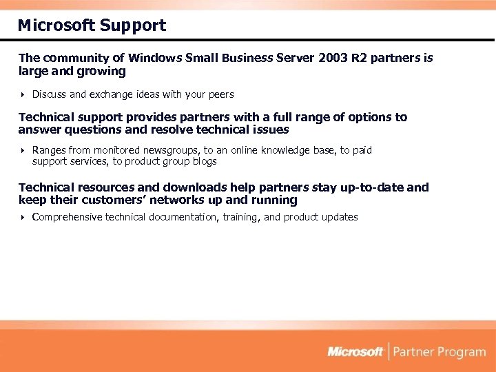 Microsoft Support The community of Windows Small Business Server 2003 R 2 partners is