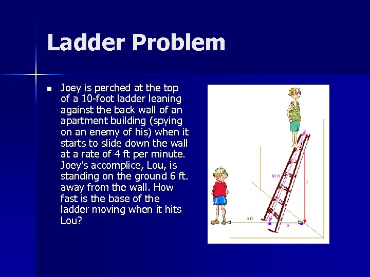 Ladder Problem n Joey is perched at the top of a 10 -foot ladder