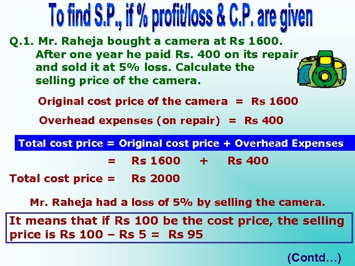 Q. 1. Mr. Raheja bought a camera at Rs 1600. After one year he