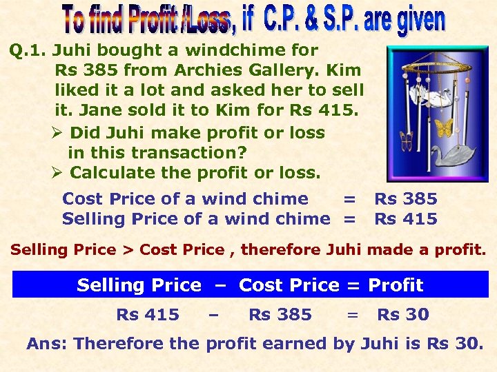 Q. 1. Juhi bought a windchime for Rs 385 from Archies Gallery. Kim liked